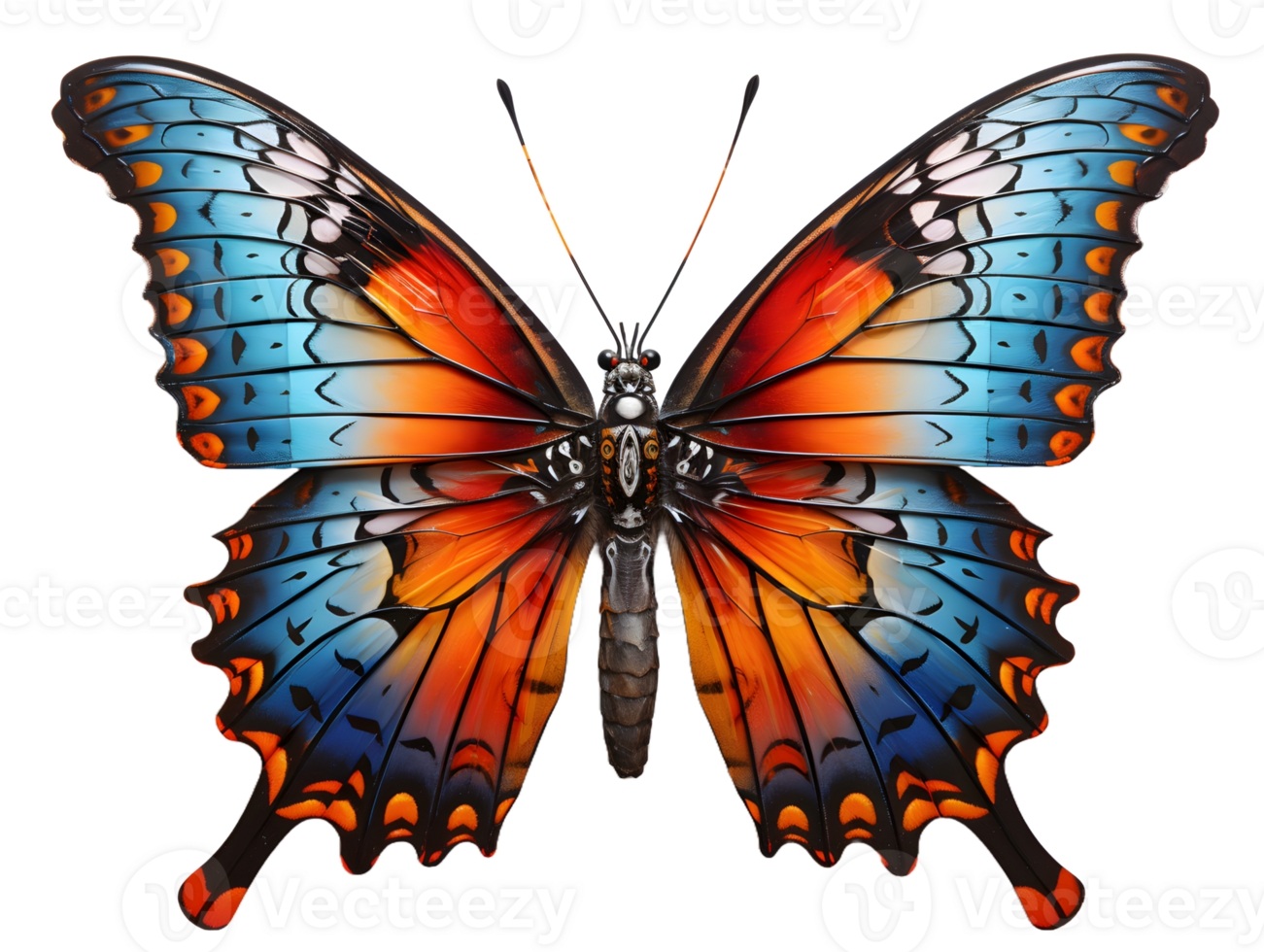 AI generated Close Up of a Beautiful and Multicolored Butterfly with Spread Wings Isolated on Transparent Background. Generative Ai png