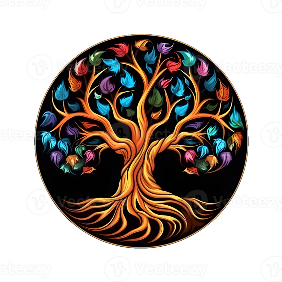 AI generated Colorful Tree of Life Illustration with Round Shape Isolated on Transparent Background. Generative Ai png