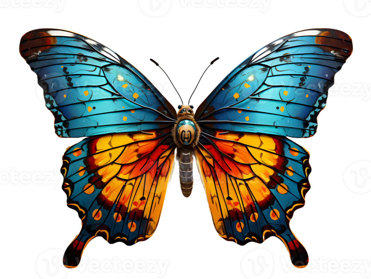AI generated Close Up of a Beautiful and Multicolored Butterfly with Spread Wings Isolated on Transparent Background. Generative Ai png