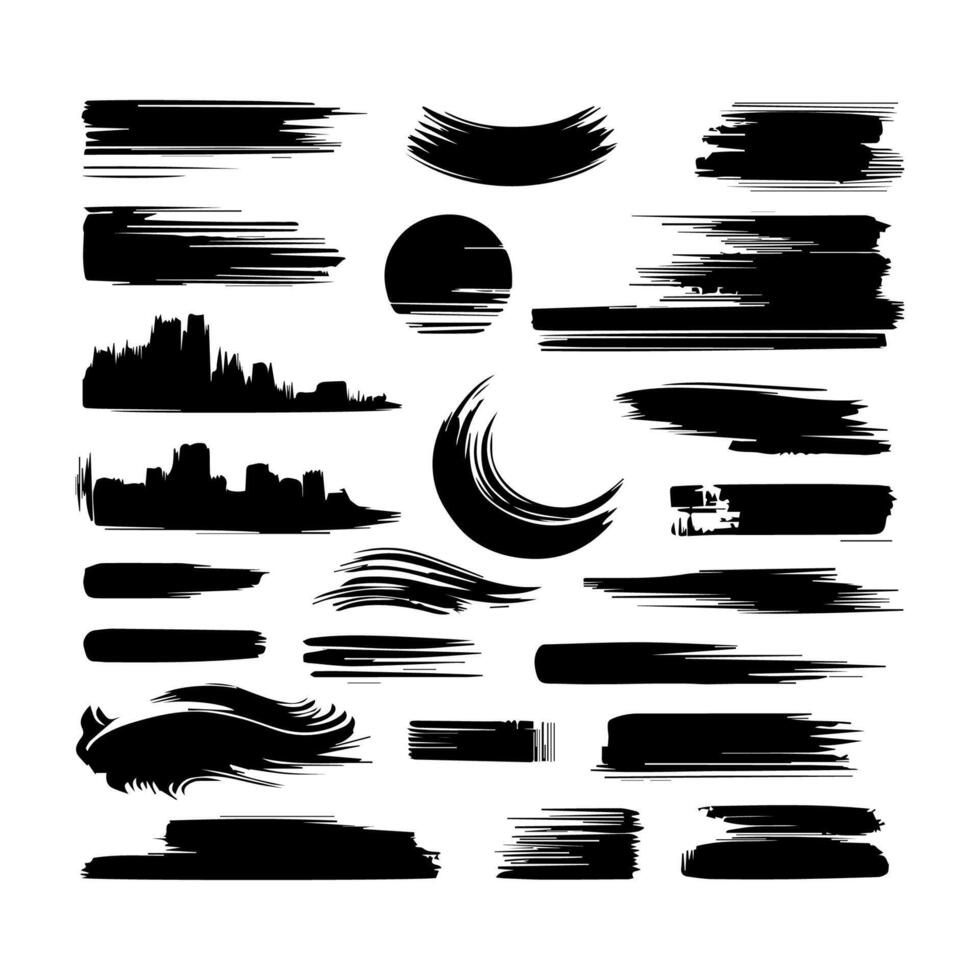 Set of black paint, ink brush strokes, brushes, lines, grungy. Dirty artistic design elements, boxes, frames. Vector illustration. Isolated on white background. Freehand drawing.