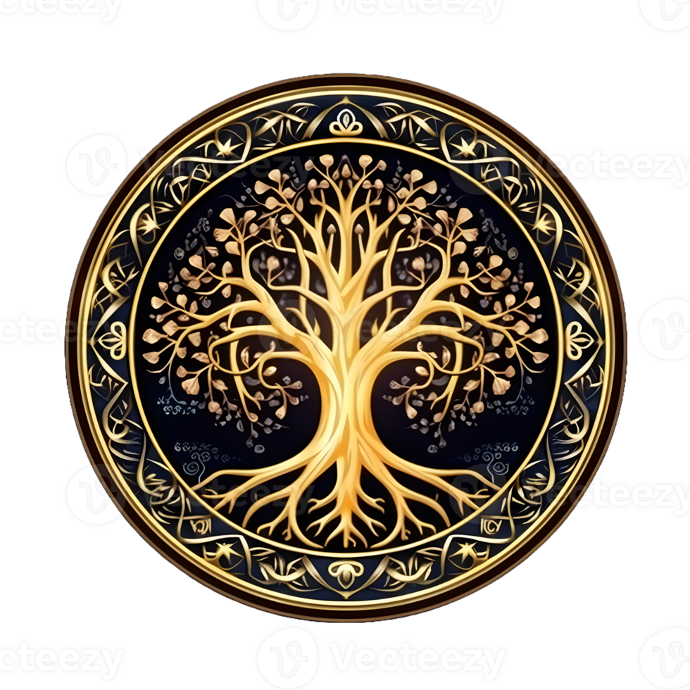 AI generated Golden Tree of Life Illustration with Round Shape Isolated on Transparent Background. Generative Ai png