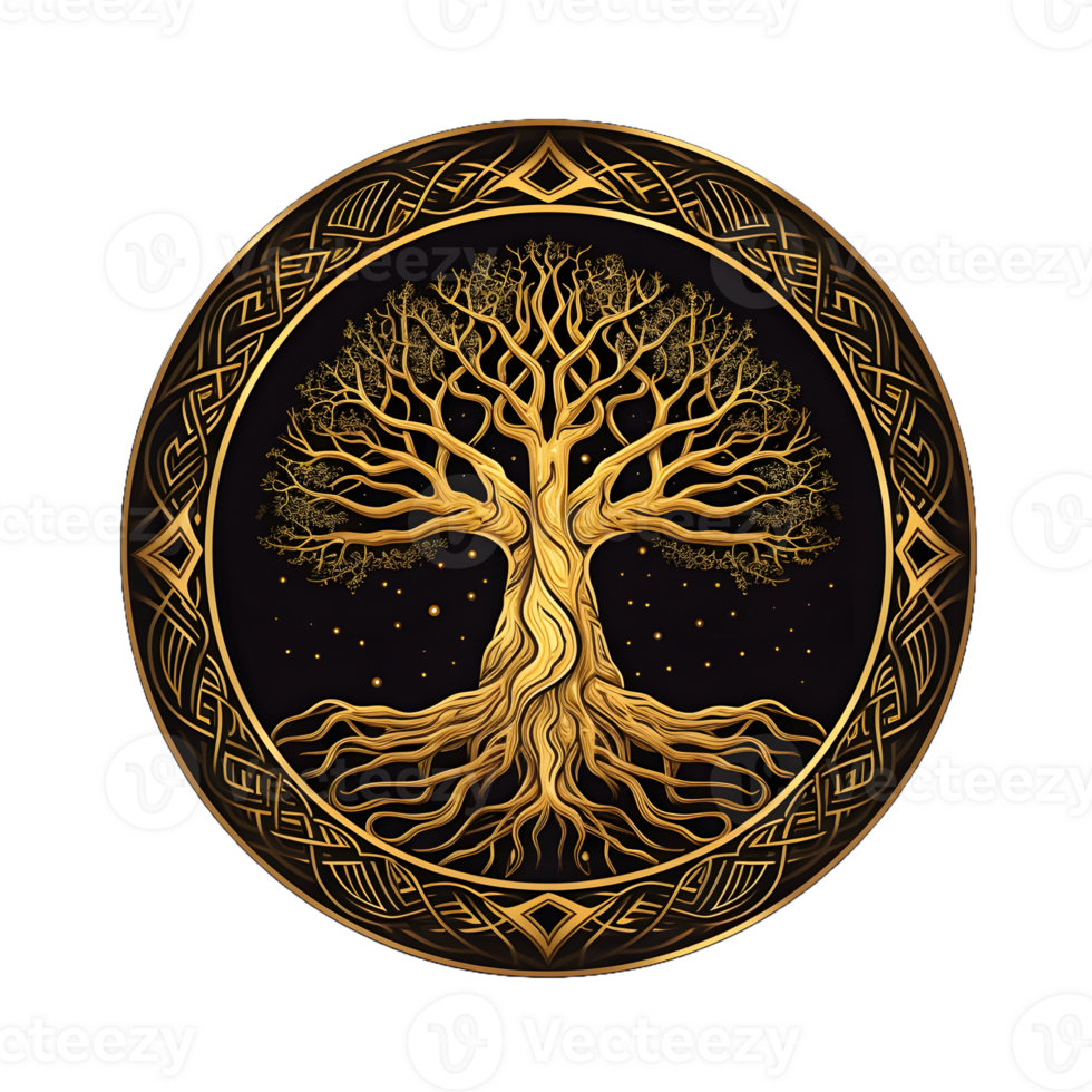 AI generated Golden Tree of Life Illustration with Round Shape Isolated on Transparent Background. Generative Ai png