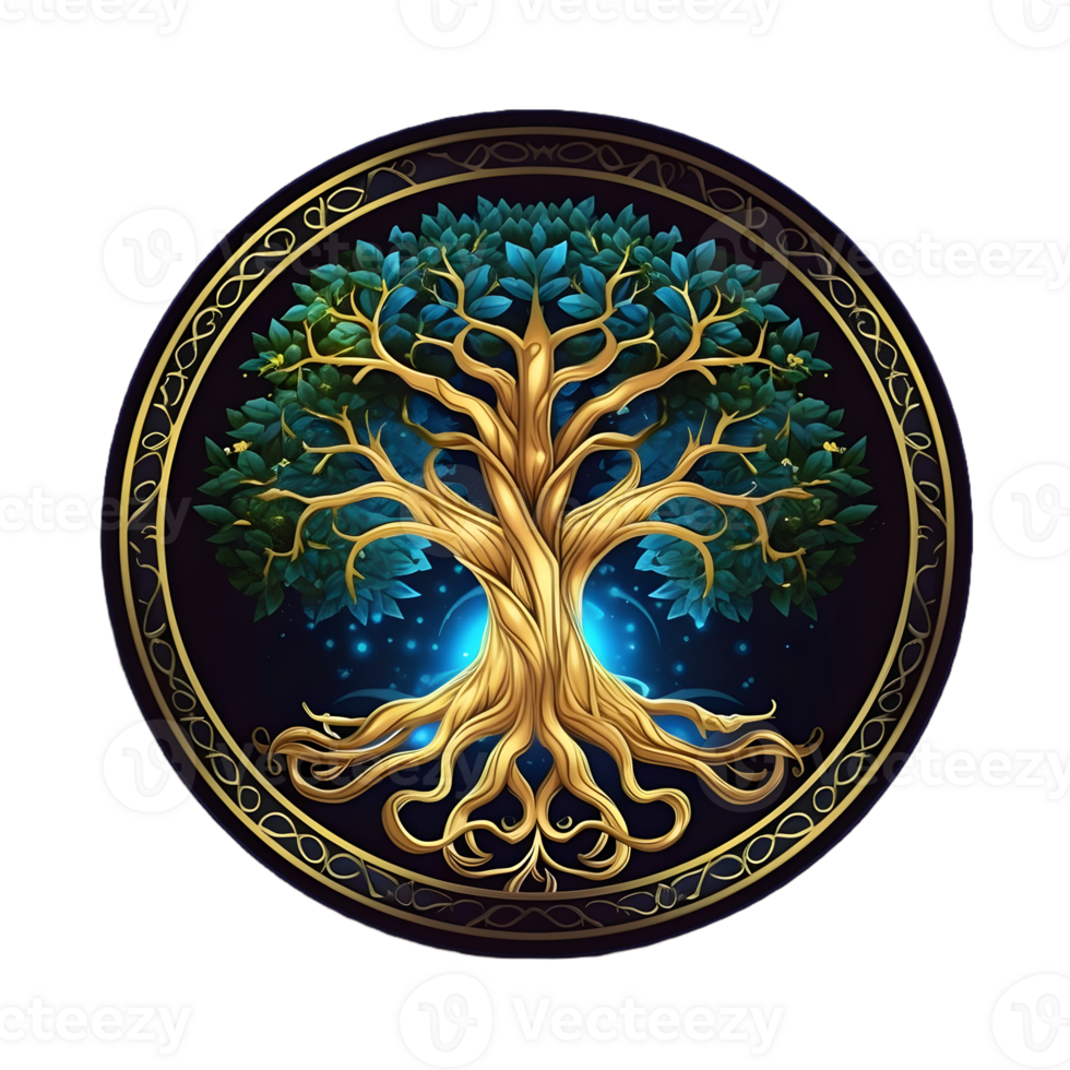 AI generated Golden Tree of Life Illustration with Round Shape Isolated on Transparent Background. Generative Ai png