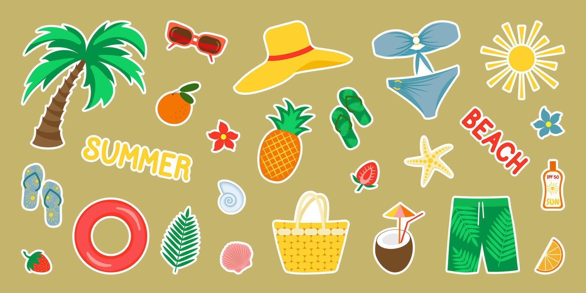 Vector illustration. A set of stickers on the theme of summer, sea, beach