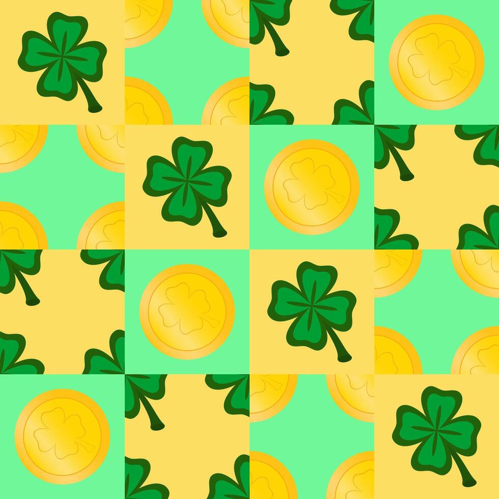 Vector seamless geometric pattern for St. Patrick's Day. Gold coins and clover