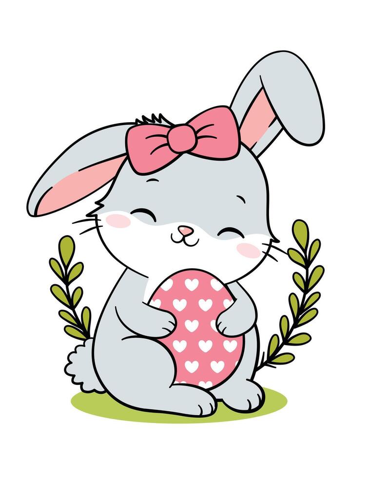 linda Pascua de Resurrección conejito Conejo niña abrazando huevo vector