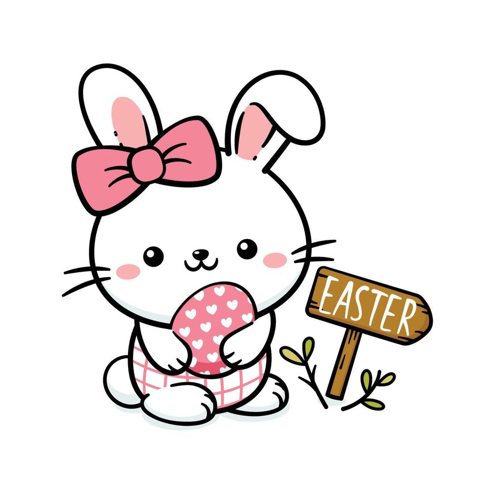 linda blanco Pascua de Resurrección conejito Conejo niña con un huevo y un firmar vector