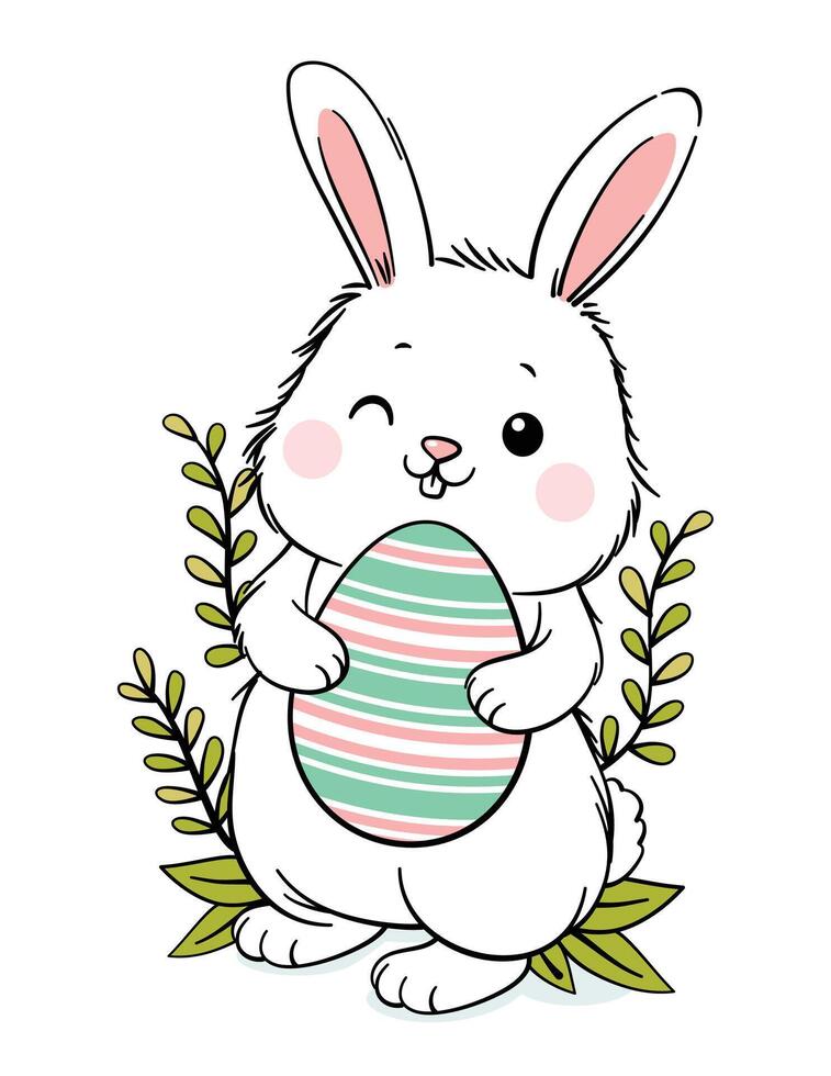 Cute White Easter Bunny Hugging Big Egg vector