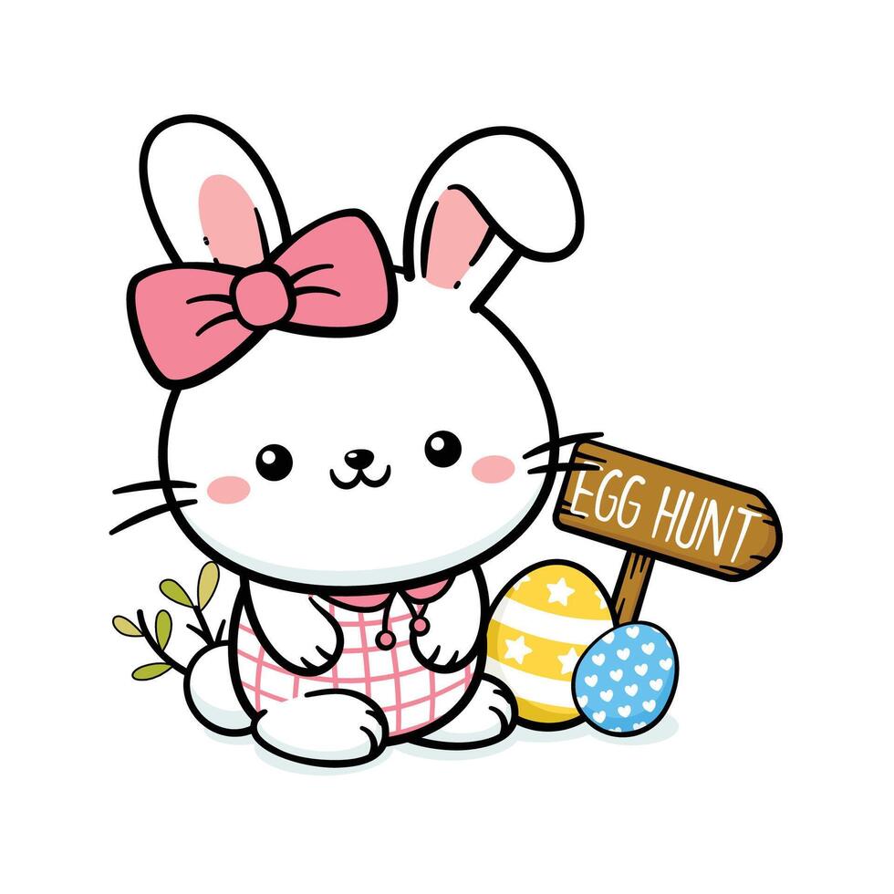 Cute White Baby Easter Bunny Rabbit With An Egg And A Sign vector