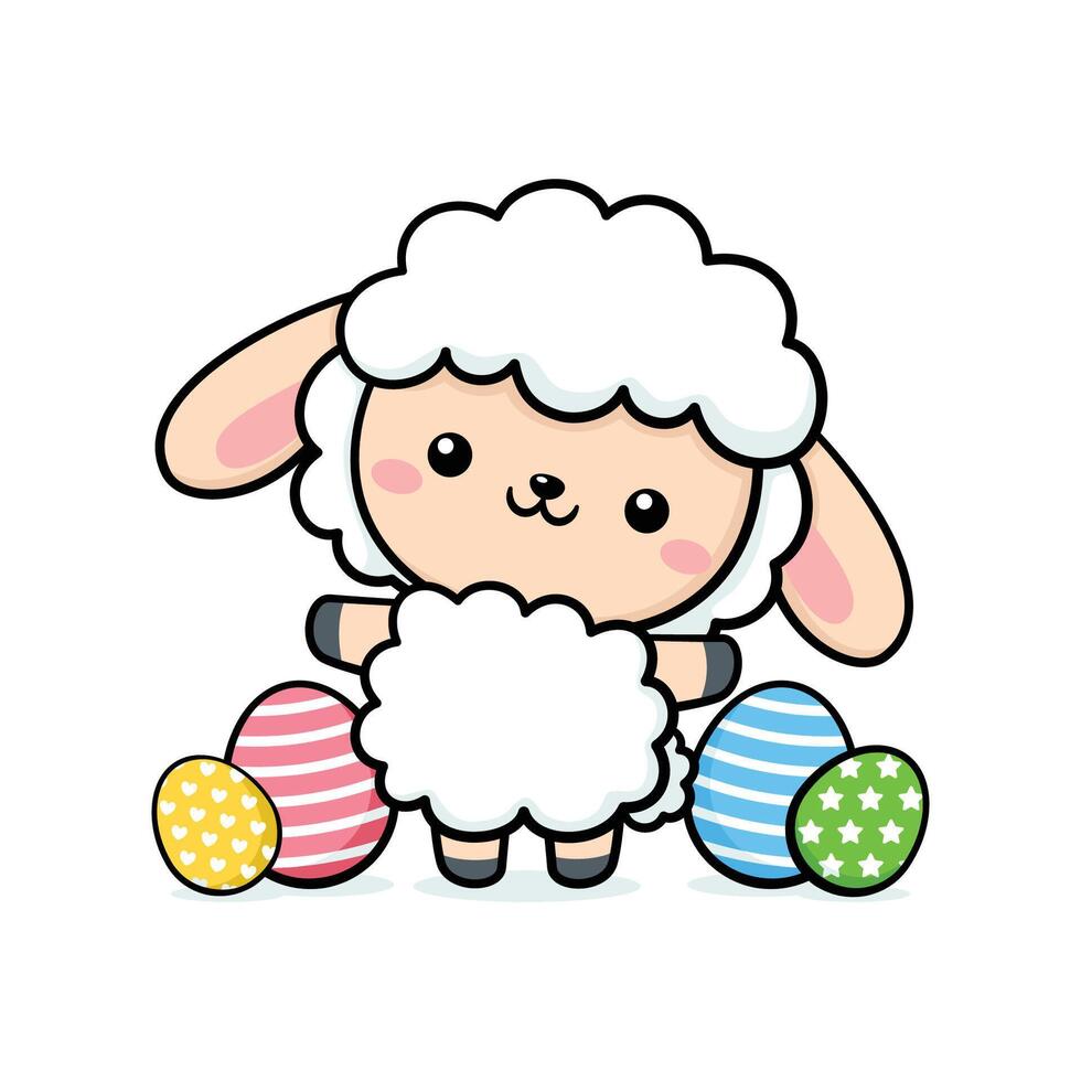 Cute Easter Sheep Character With Eggs vector