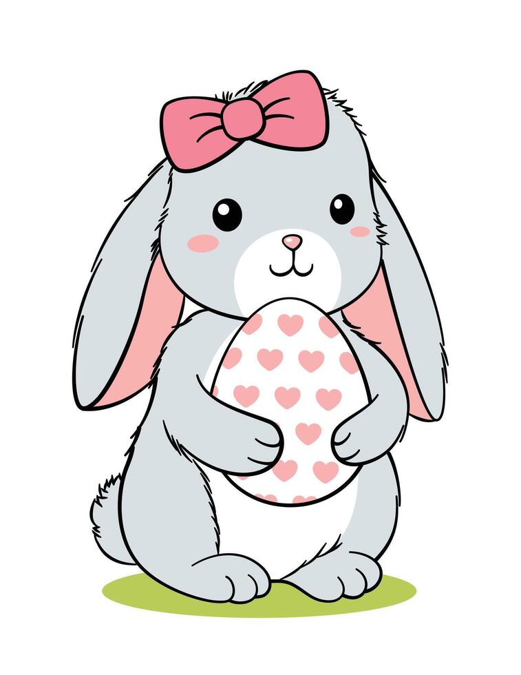 Cute Hand Drawn Long Ears Easter Bunny Rabbit Hugging Egg vector