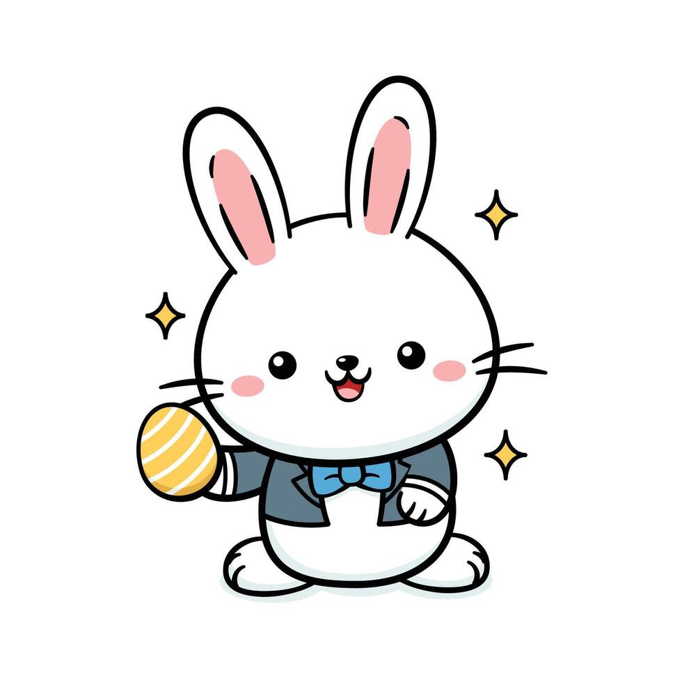 Cute White Baby Easter Bunny Rabbit In Tuxedo With An Egg vector