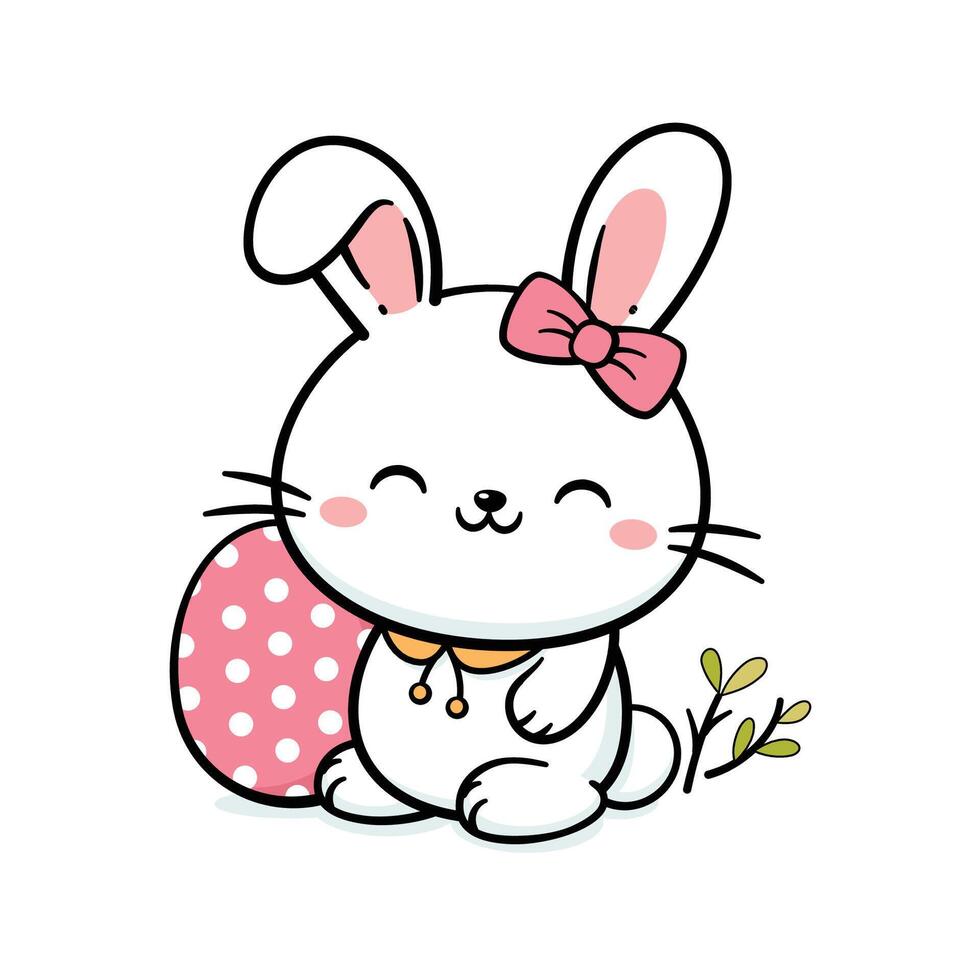 Cute White Baby Easter Bunny Rabbit With Bow And An Egg vector