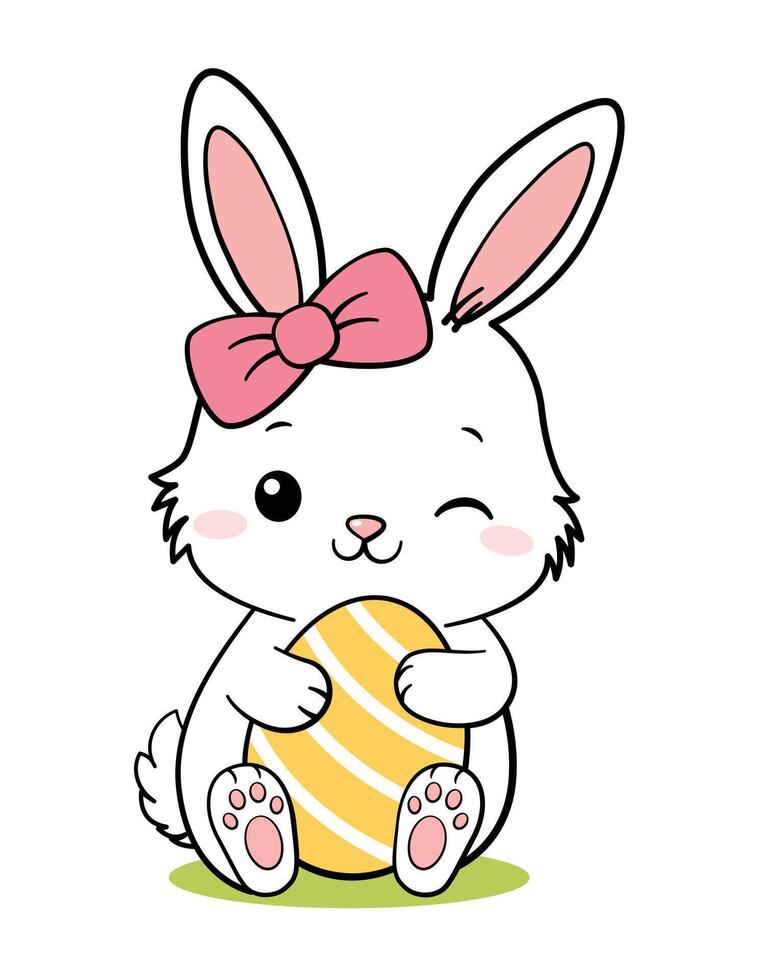 Cute White Little Easter Bunny Rabbit Hugging Egg vector