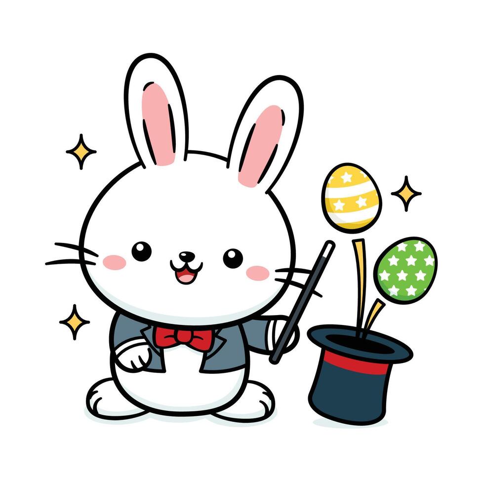 Cute White Baby Easter Bunny Rabbit Magician With Eggs vector