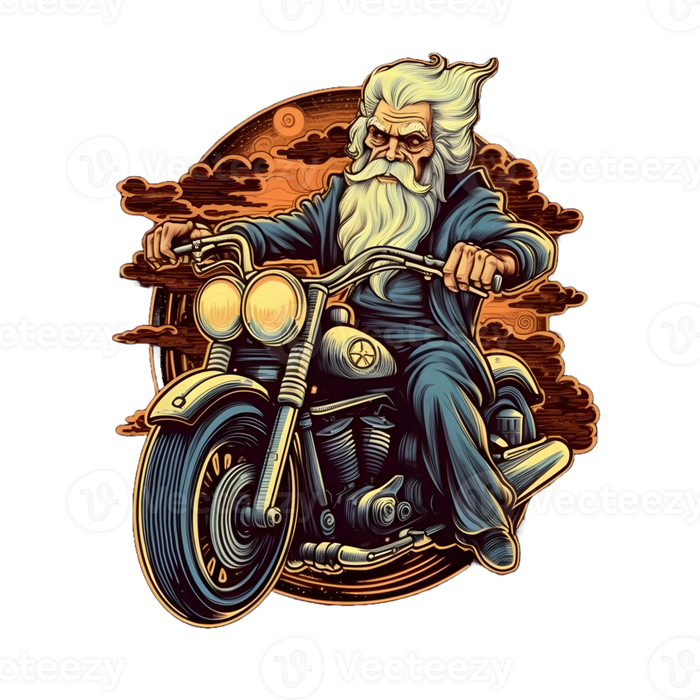 ai généré vieux cavalier illustration pouvez être utilisé pour T-shirt conception isolé sur transparent Contexte. vieux homme équitation une classique moto. génératif ai png