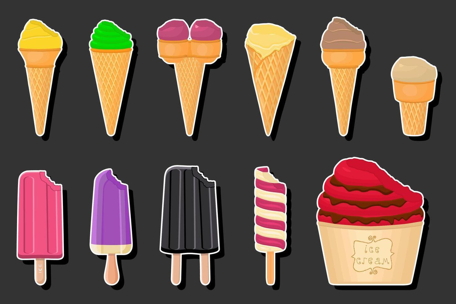 Illustration on theme big kit ice cream different types in cone waffle cup vector