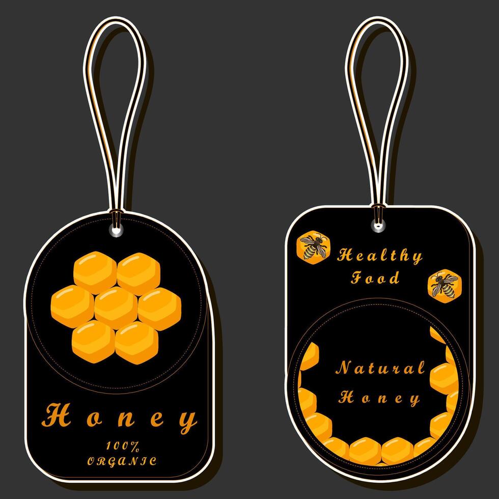 Illustration on theme for label of sugary flowing down honey in honeycomb with bee vector