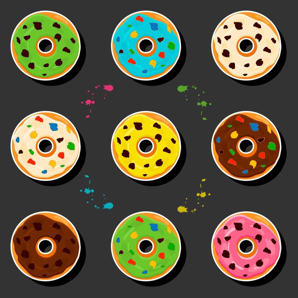 Illustration on theme big set different types sticky donuts, sweet doughnuts various size vector