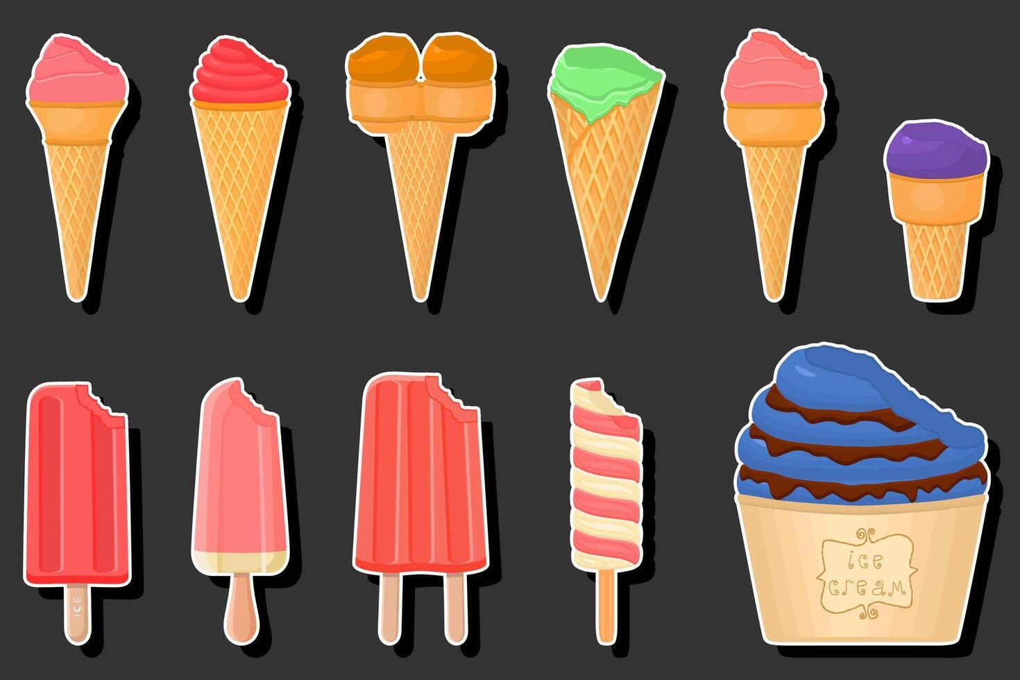 Illustration on theme big kit ice cream different types in cone waffle cup vector