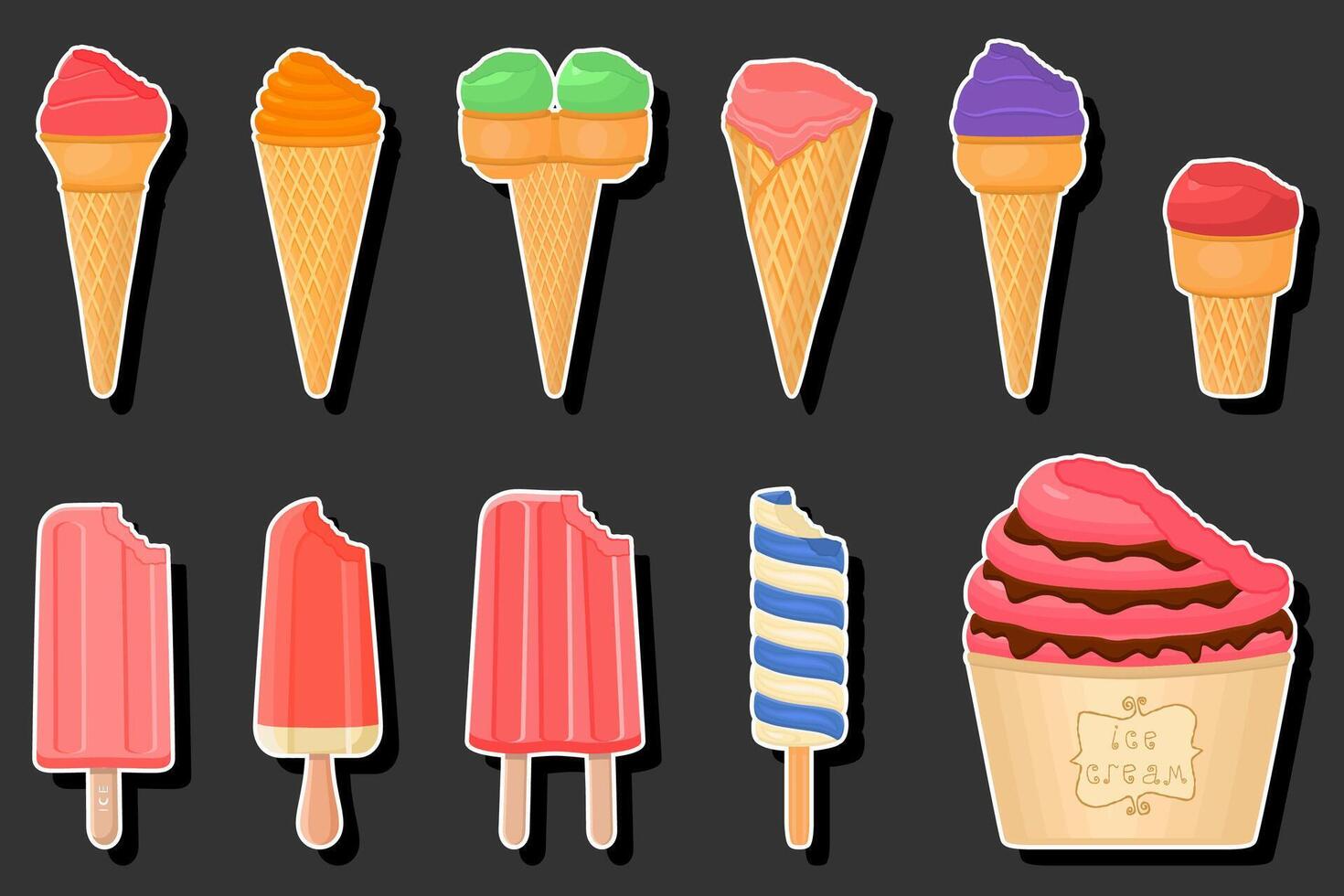 Illustration on theme big kit ice cream different types in cone waffle cup vector