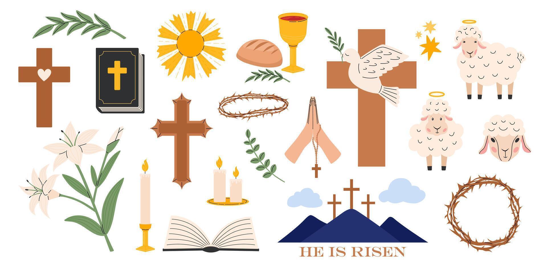 Easter sticker pack. Religious christian signs and symbols. Bible, hands holding cross, dove with branch, cross of Jesus Christ, crown of thorns, bowl and bread, sheep. Holy Week. Vector illustration