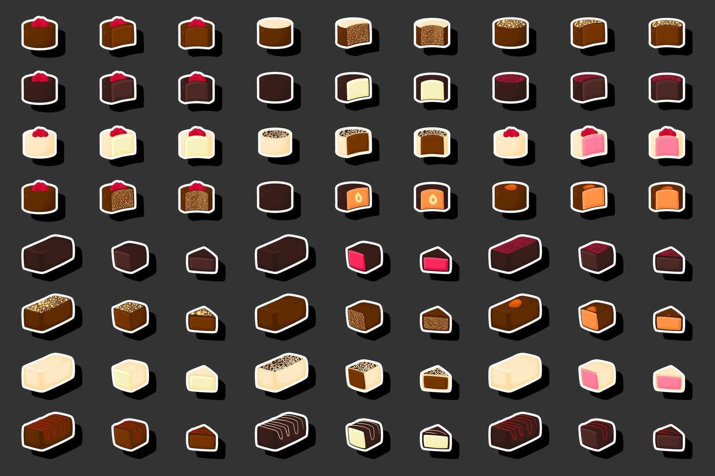 Illustration on theme beautiful big set sweet chocolate candy bonbon vector