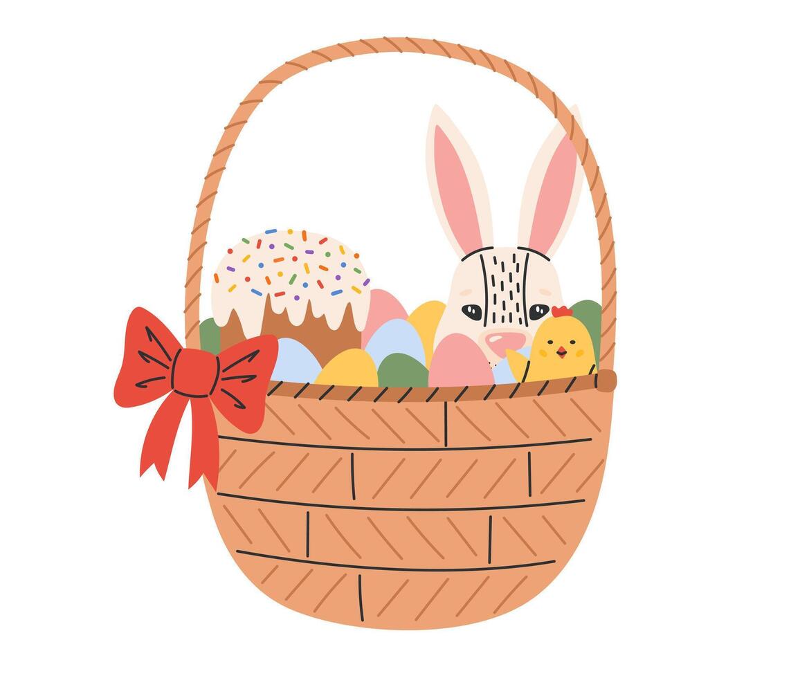 Easter basket with cute white bunny, chick, cake and eggs. Spring holiday. Vector illustration in flat hand drawn style