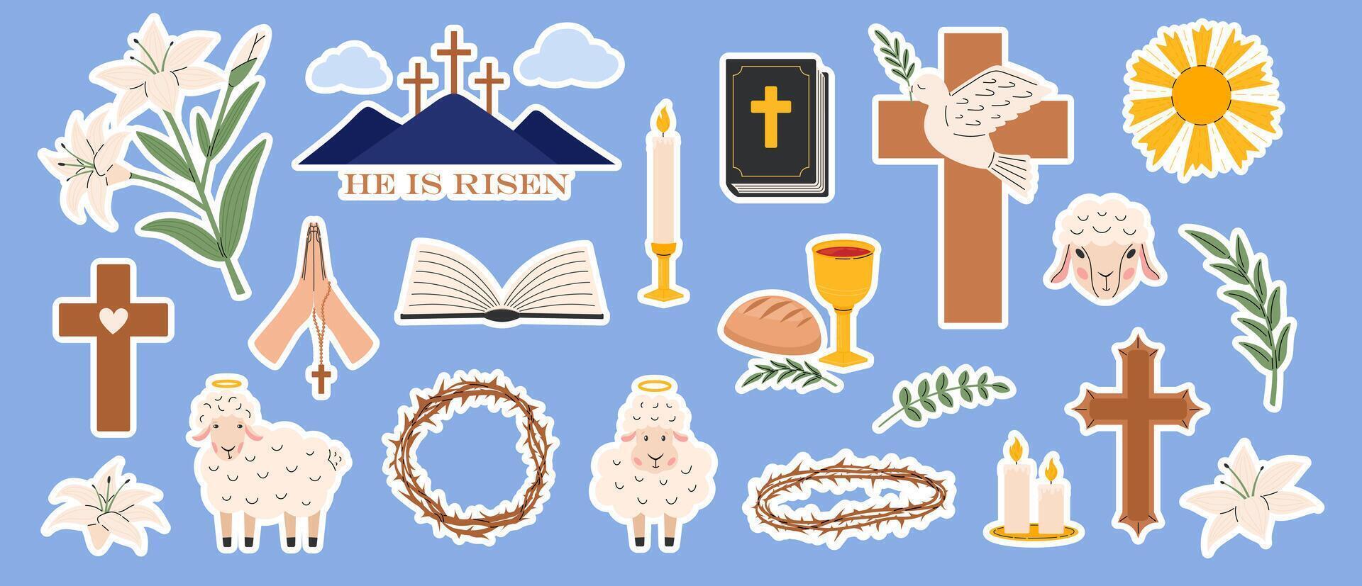 Easter sticker pack. Religious christian signs and symbols. Bible, hands holding cross, dove with branch, cross of Jesus Christ, crown of thorns, bowl and bread, sheep. Holy Week. Vector illustration