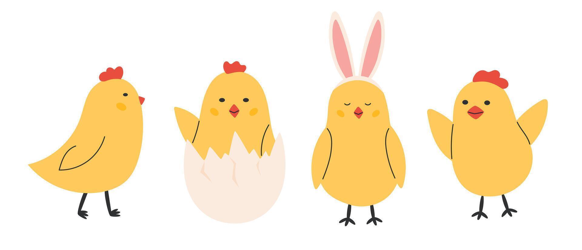 Cute Easter chicks set. Spring collection with baby chicken. Vector illustration in flat hand drawn style