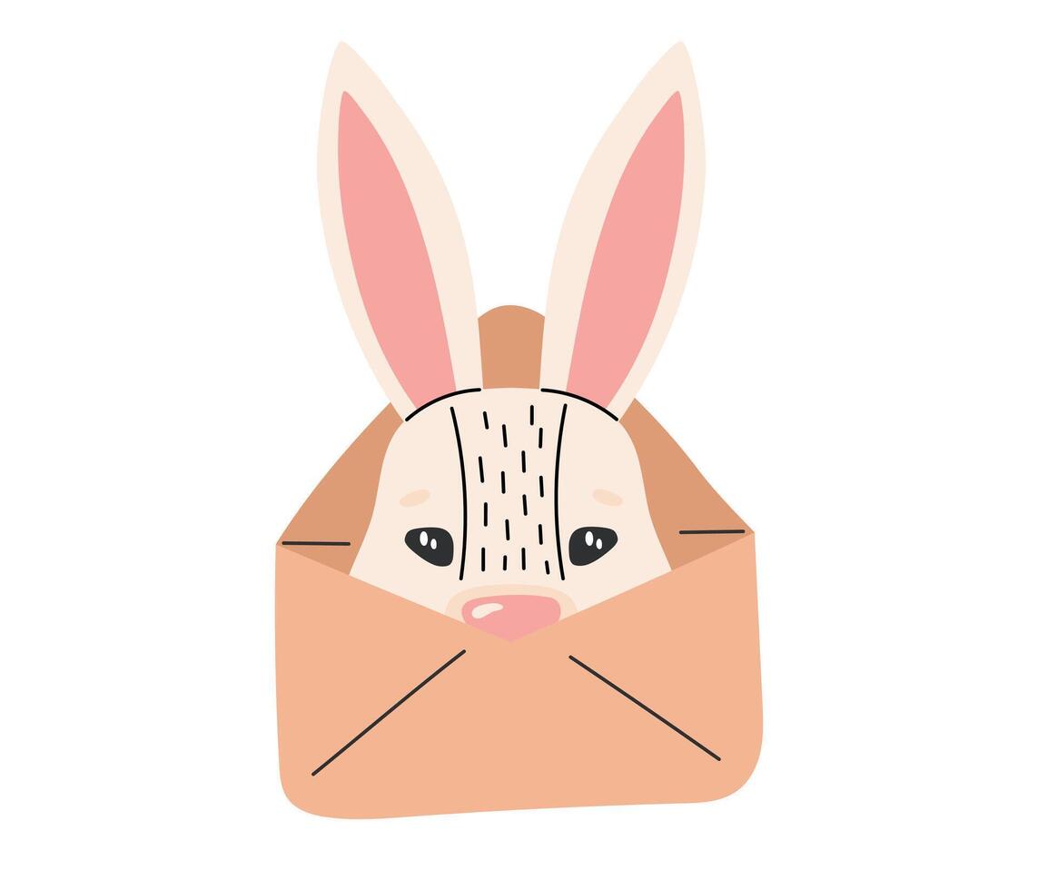 Cute white Easter bunny in envelope. Happy Easter. Spring holiday. Vector illustration in flat hand drawn style