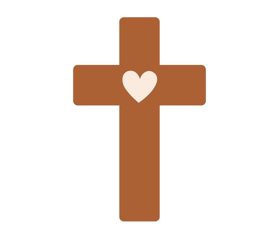 Cross with heart icon. Easter symbol. Religious christian sign. Holy Week. Vector illustration in flat hand drawn style