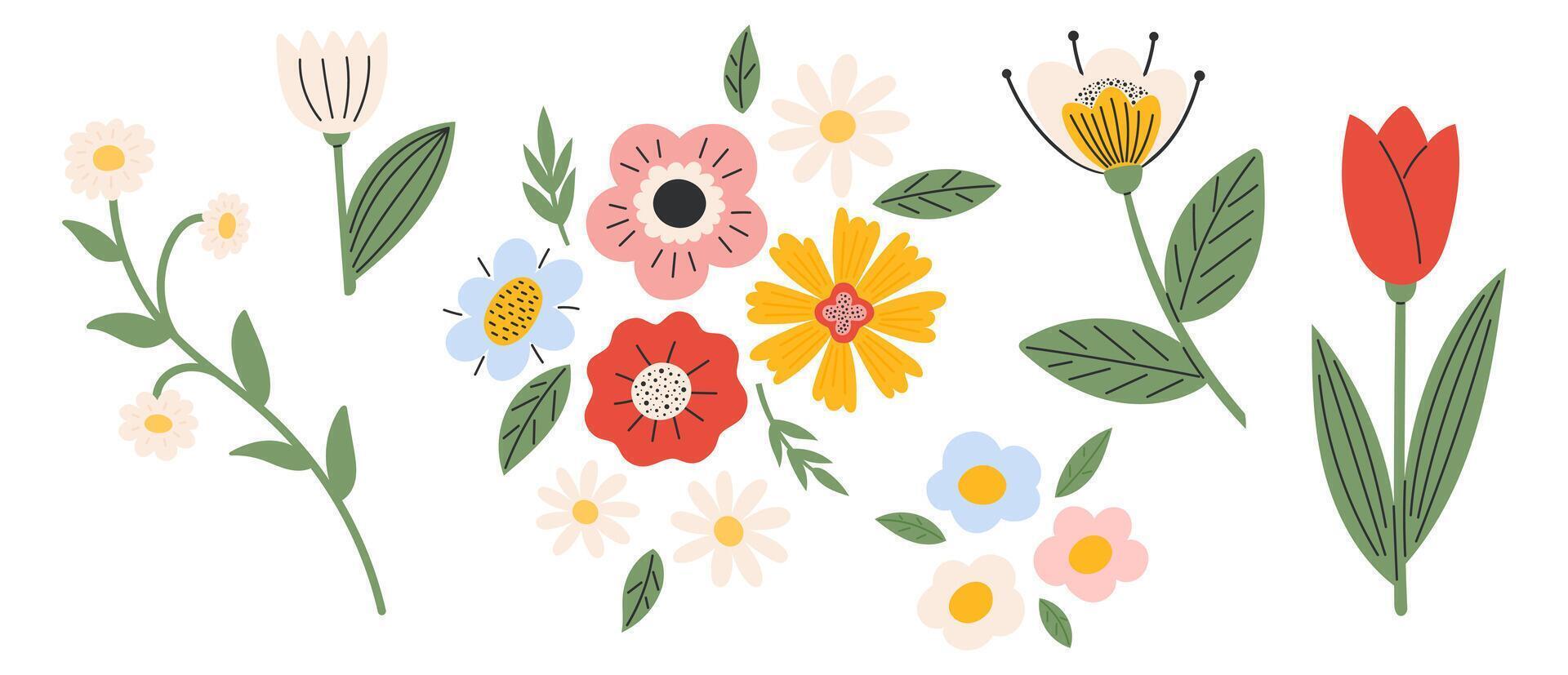 Set flowers and floral elements. Spring and summer nature Botanical objects. Vector illustration in flat hand drawn style