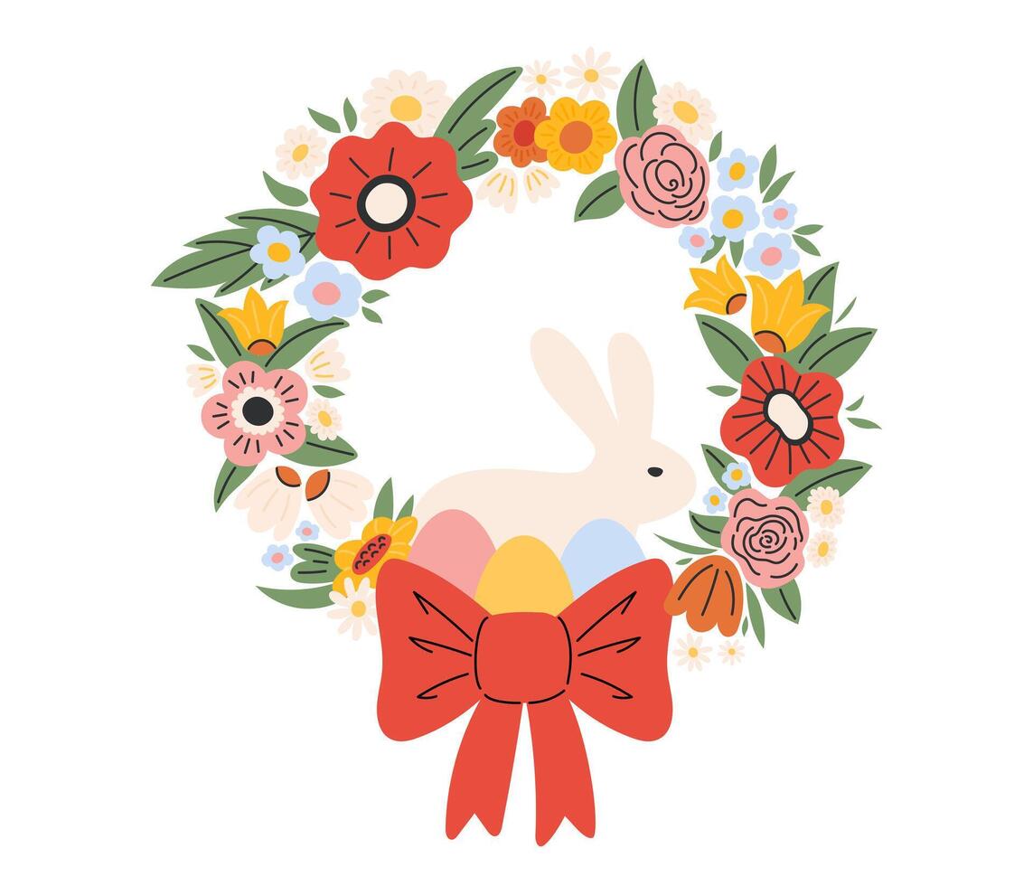 Easter wreath with floral elements, bow, cute white bunny and eggs. Spring holiday. Vector illustration in flat hand drawn style