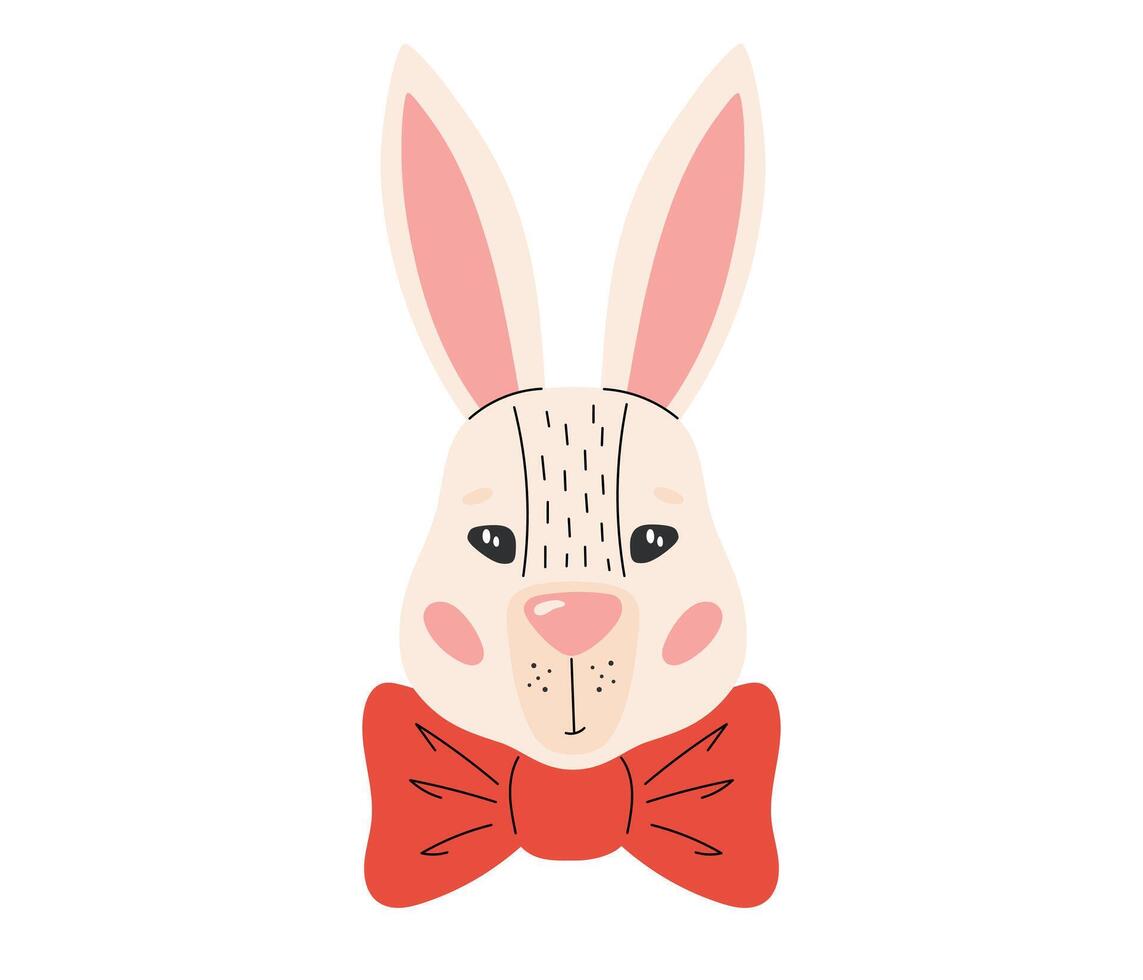 Cute white Easter bunny with bow. Happy Easter. Spring holiday. Vector illustration in flat hand drawn style