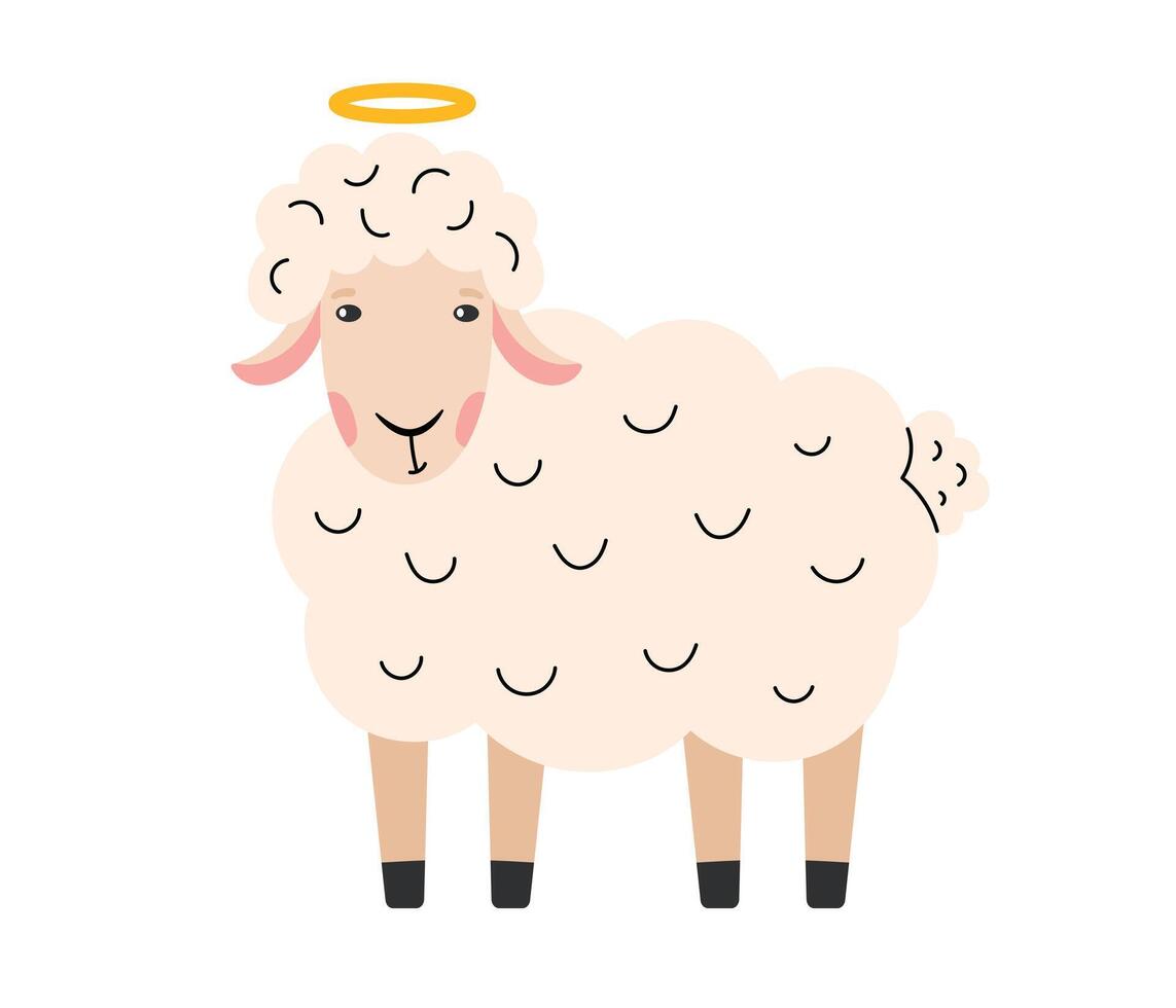 White lamb. Easter Cute sheep. Religious christian symbol. Vector illustration in flat hand drawn style