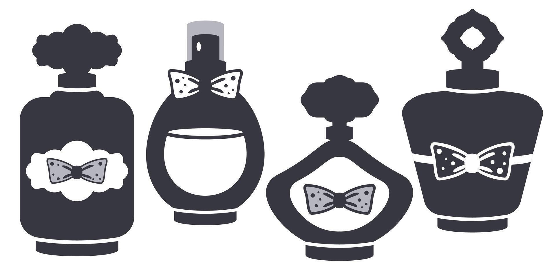 Parfume bottles set. Aroma essence in different glass packages. Perfume silhouette isolated. Elegant shape, label, ribbon. Hand drawn trendy design for logo, cosmetic industry. Vector