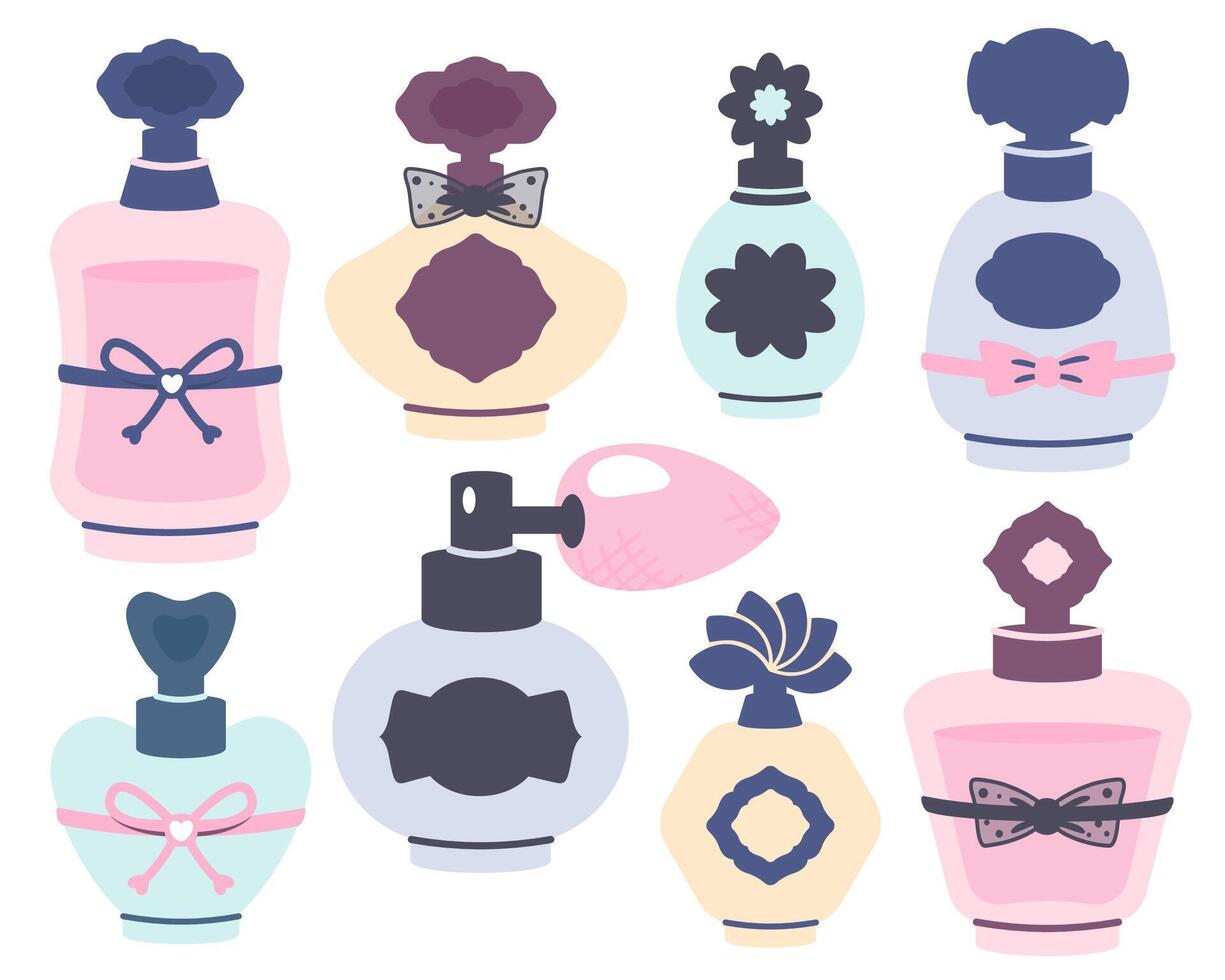 perfumar botellas colocar. diferente aroma esencia en vaso paquetes cosmético productos de varios formas, diseños y colores. vector plano ilustración para logo, Moda y cosmético industria