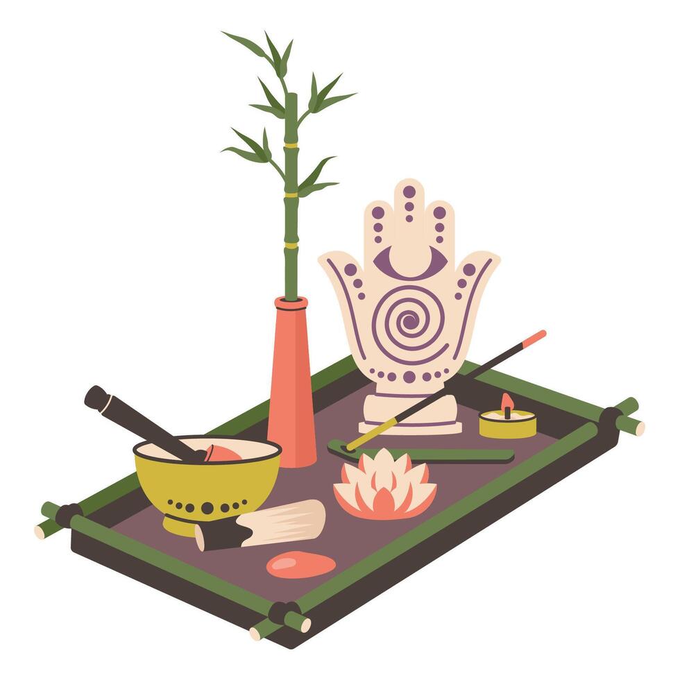 meditación colocar. yoga símbolo para relajante. meditando elementos para consciencia, armonía, calma. mano estatua, bambú, aromático palos, loto flor, piedras, velas, canto bol. vector