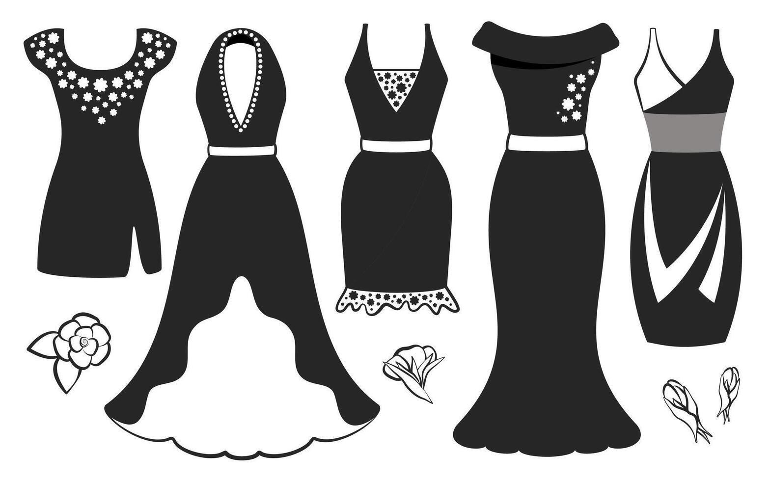 Silhouette of black dress isolated. Set of fashion elegant classic wear with jewelry and rose. Flower outline. Elegant evening gown for glamorous evening. Modern design. Flat vector illustration
