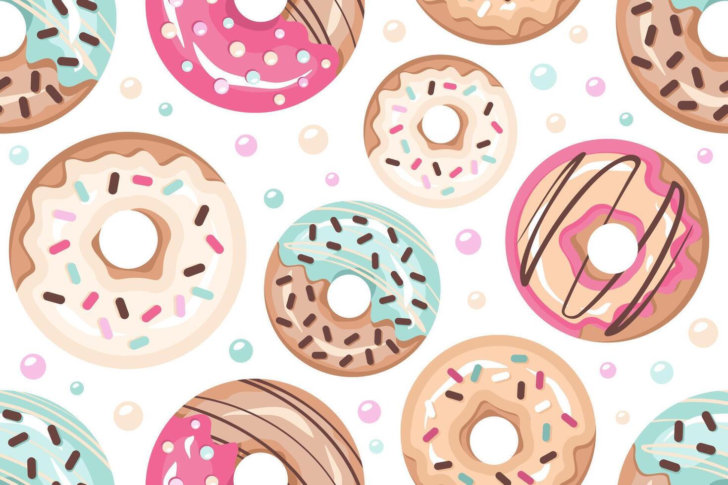 Donuts seamless pattern. Different Doughnuts with color sugar glaze, sprinkling. Tasty fried luscious rolls with pink, cream, chocolate frosting. Vector illustration for wallpapers, textile, print