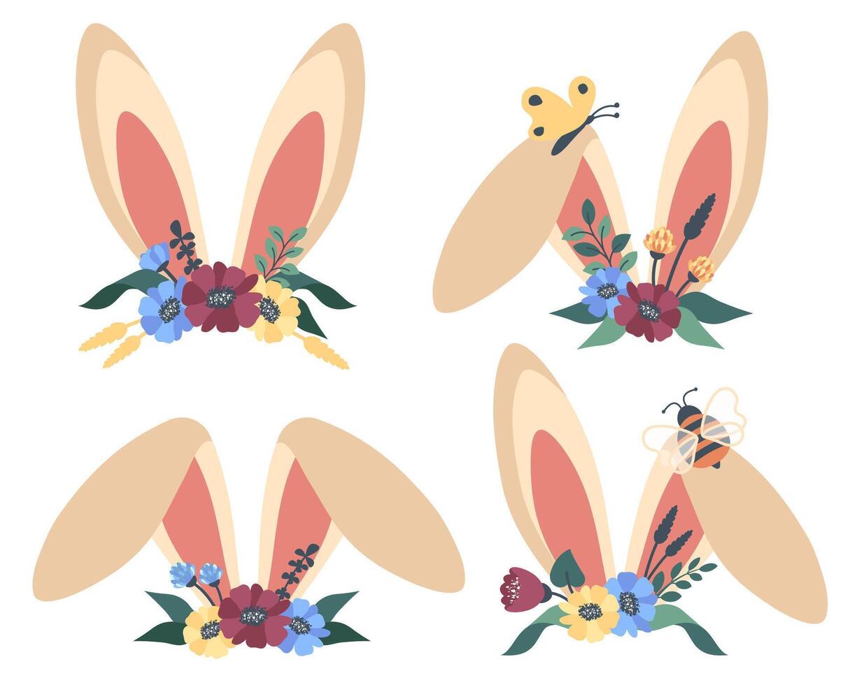 Set of bunny ears with Easter wreath. Happy Easter decor for greeting cards, poster, holiday, banner. Cute rabbit ears with wildflowers, leaves, butterfly. Vector cartoon flat illustration
