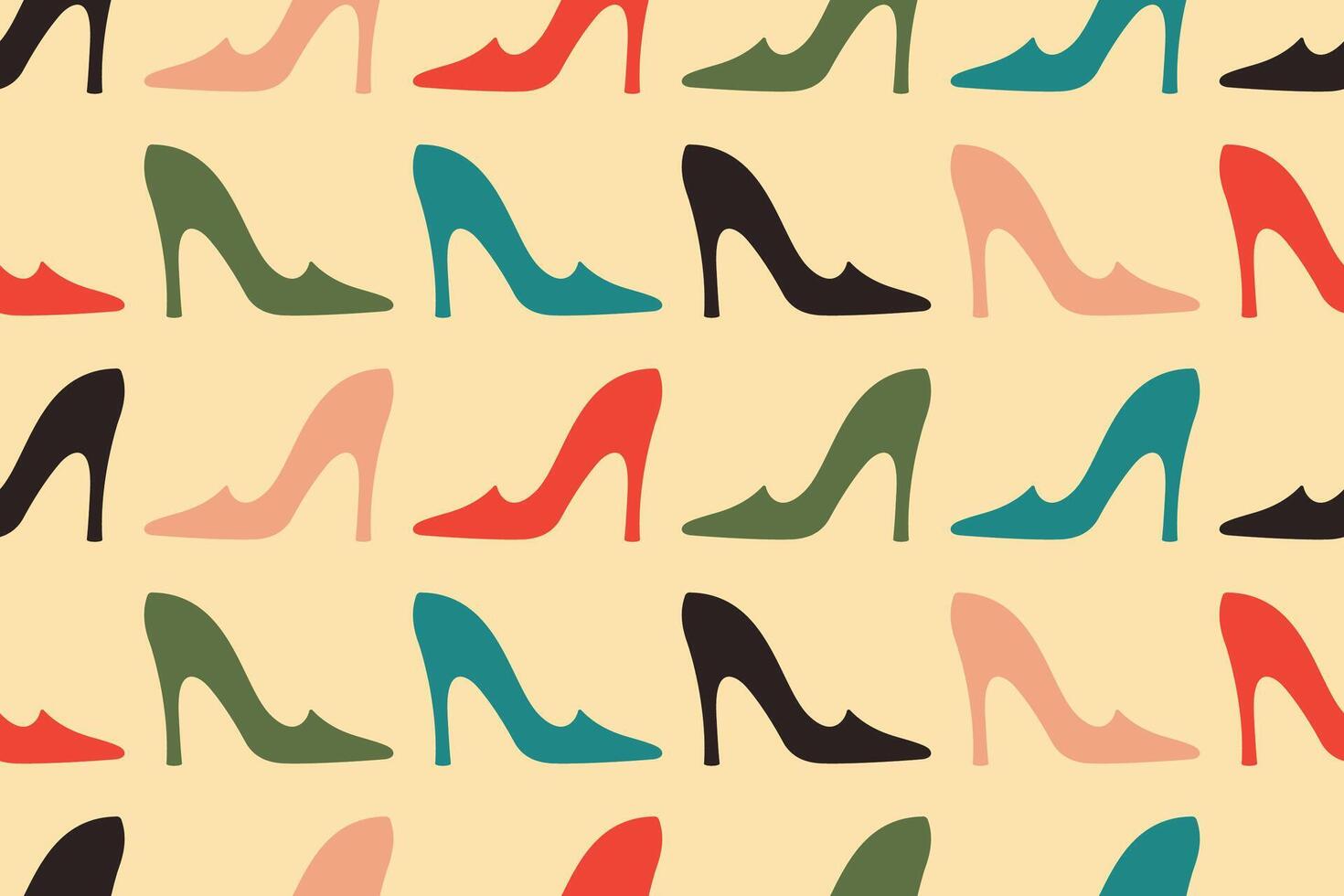 Woman Shoes seamless pattern. Silhouette of different color high heeled on yellow background. Stylish elegant female shoes. Vector illustration for textile, fabric, wallpapers, fashion industry