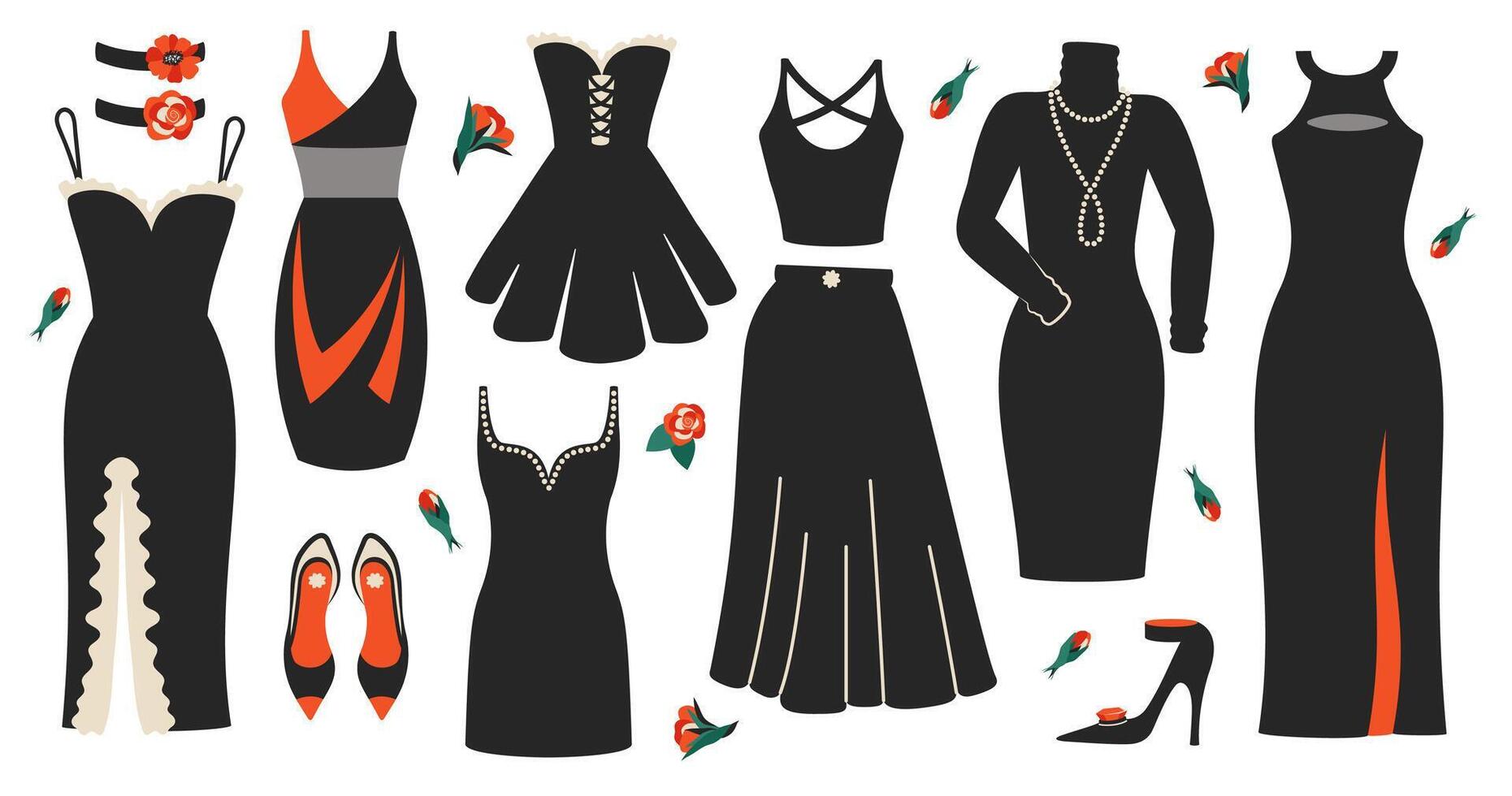 Long and Short Dresses with jewelry, accessory, high heeled shoes, flower. Set of Classic luxury clothes black red white color. Elegant evening gown for evening and cocktail party. Vector illustration