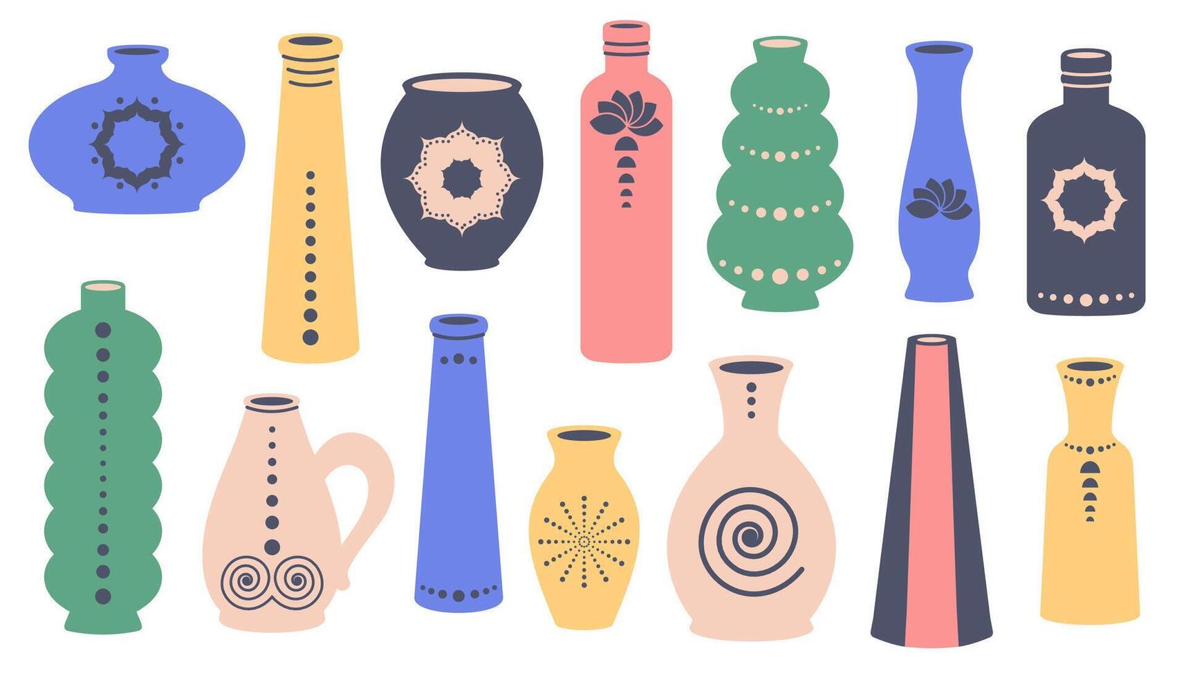 Ceramic vases set. Modern ceramic pottery, jars, bottles, pots  for home interior. Hand drawn doodle earthenware different shapes, sizes, colors. Home decoration. Vector flat illustration