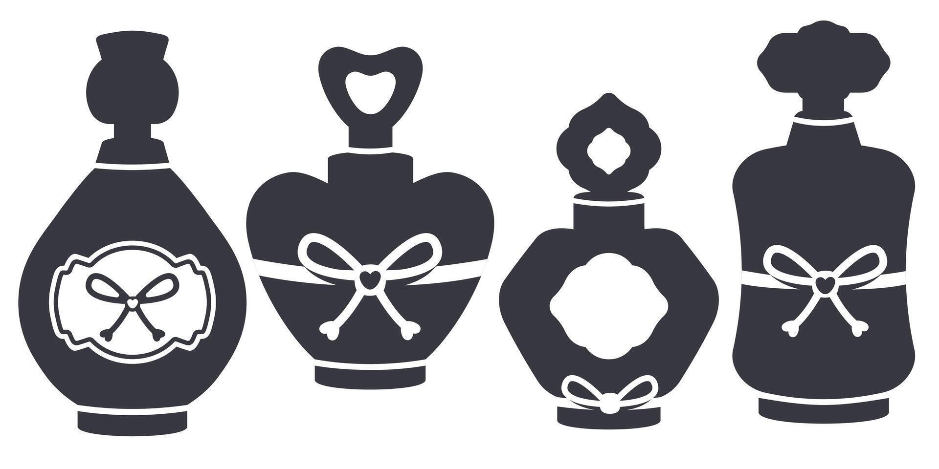 Set of parfume bottles.  Collection of Perfume silhouette isolated. Aroma essence in different glass packages. Elegant shape, label, ribbon. Hand drawn design for logo, cosmetic industry. Vector