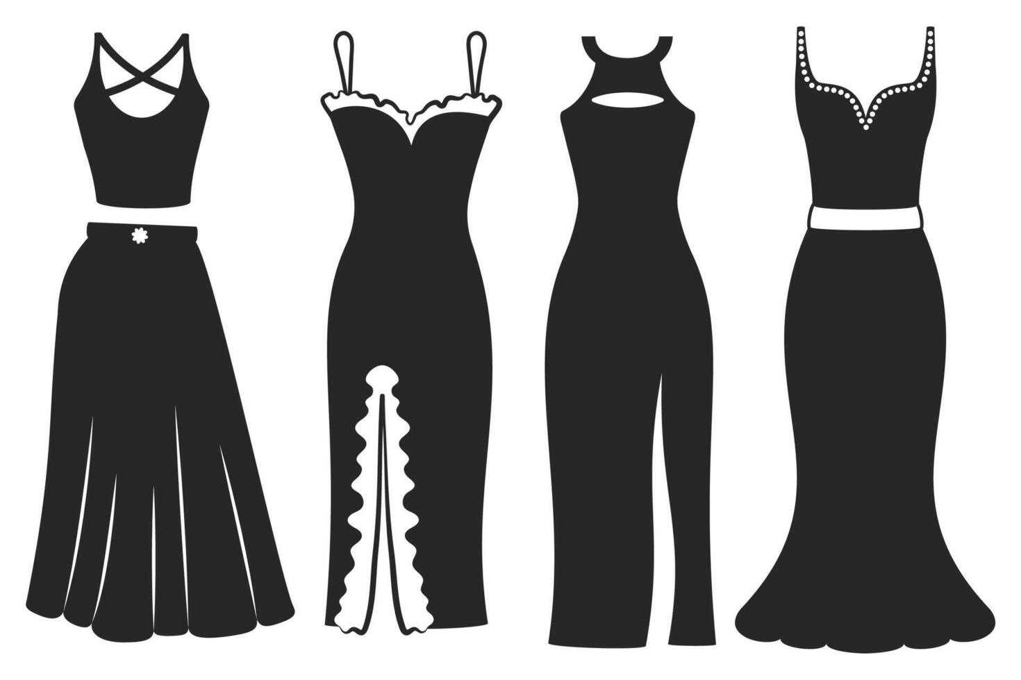 Set of black dress silhouette isolated. Classic luxury wear with jewelry. Elegant evening gown for glamorous evening and cocktail party. Modern design. Flat vector illustration