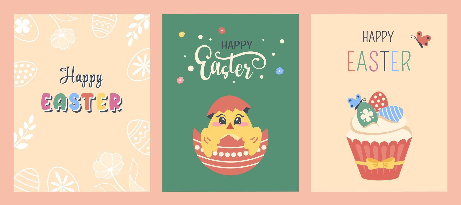 Happy Easter. Set of festive posters. Easter cake with decorated eggs and butterfly. Cute little chick with wishes. Greeting cartoon lettering. Spring holiday. Vector flat illustration