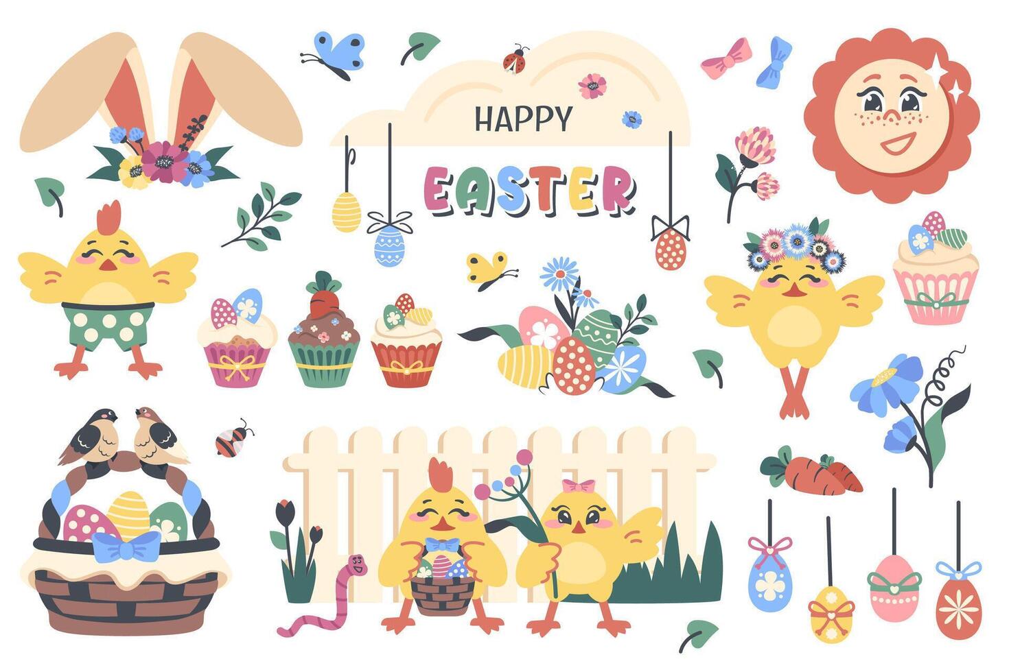 Set of easter elements isolated. Easter egg, bunny ears, chicks, birds on basket, fence, carrot, cake. Hand draw doodle elements for decorated greeting card, poster, party. Vector Cartoon illustration
