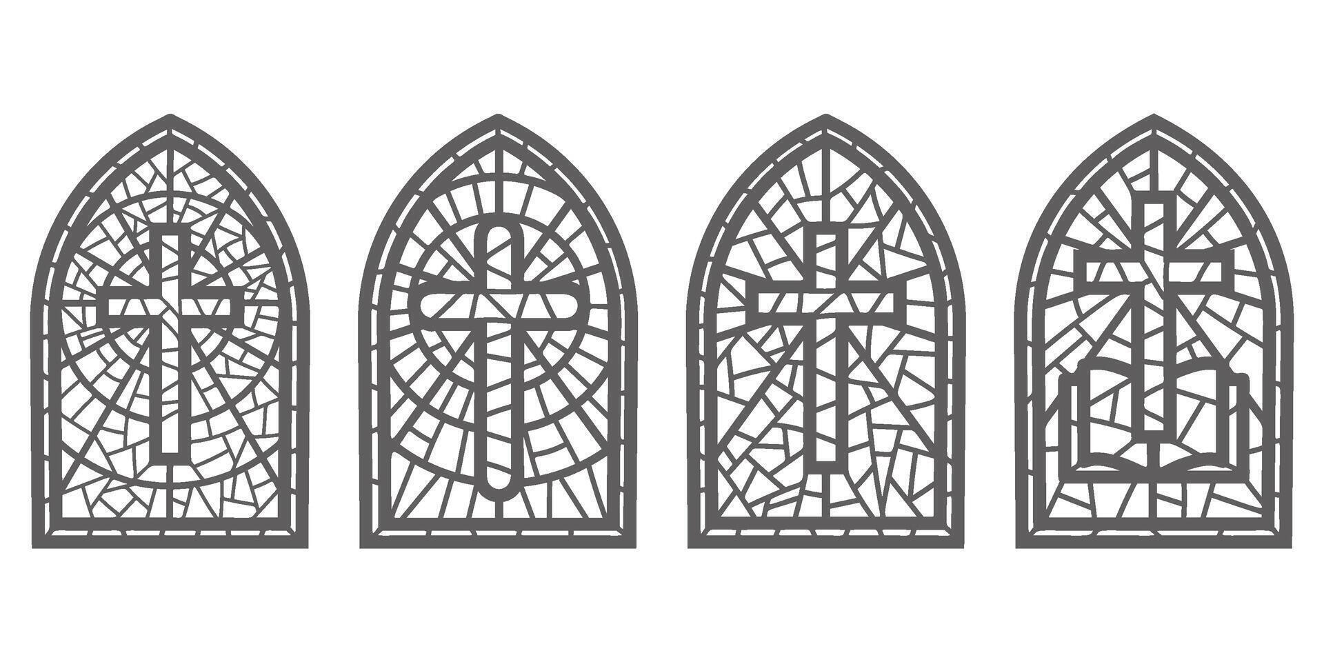 Church glass windows. Stained mosaic catholic and christian frames with cross. Vector outline gothic medieval arches isolated on white background
